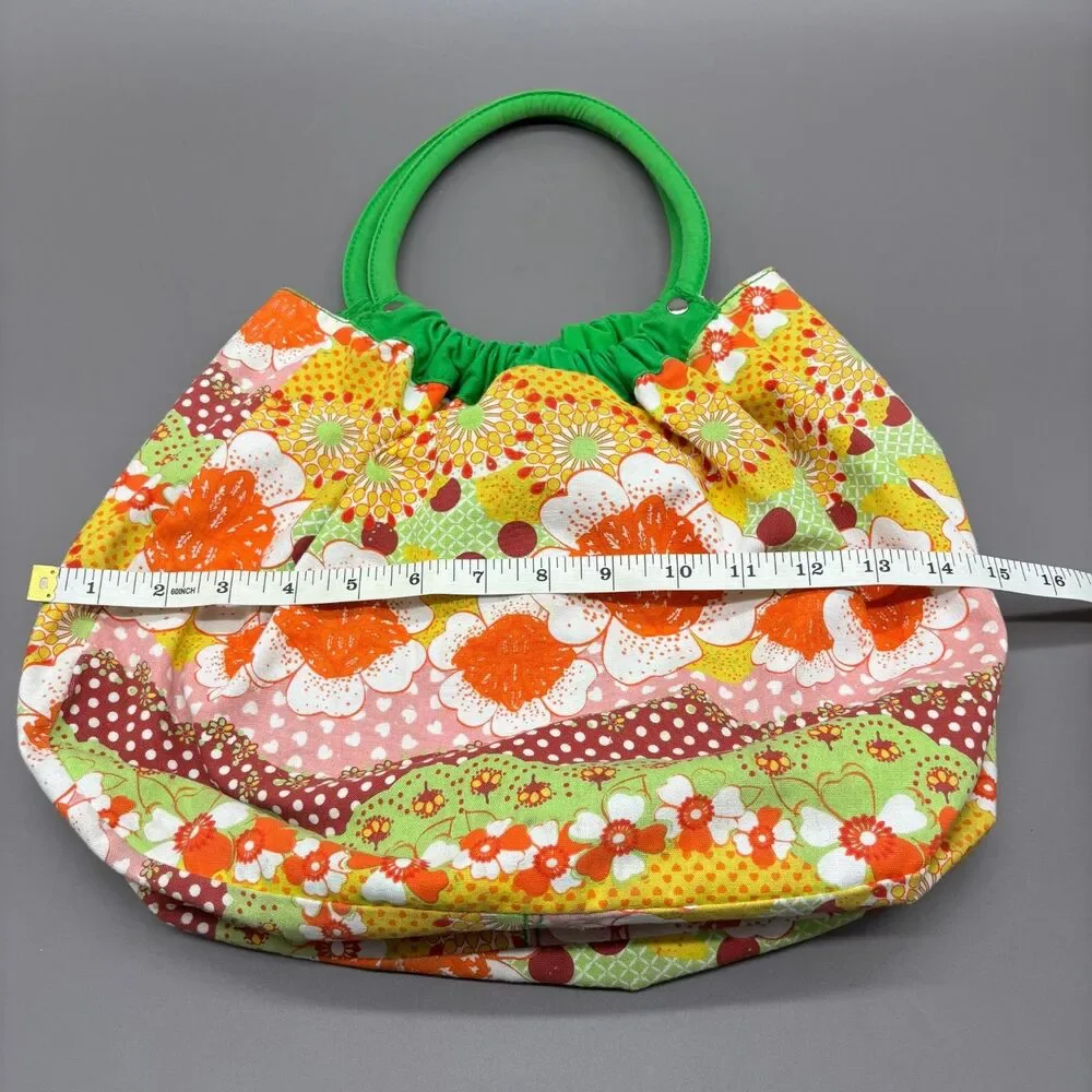 Vintage 1970s Handmade Floral Print Tote Handbag Boho Hippie Cotton Purse
